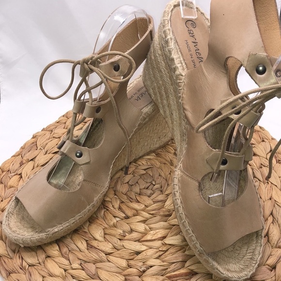 Carmen Made in Spain Ankle High Neutral Leather Lace Up Gladiator Espadrilles - Picture 4 of 8